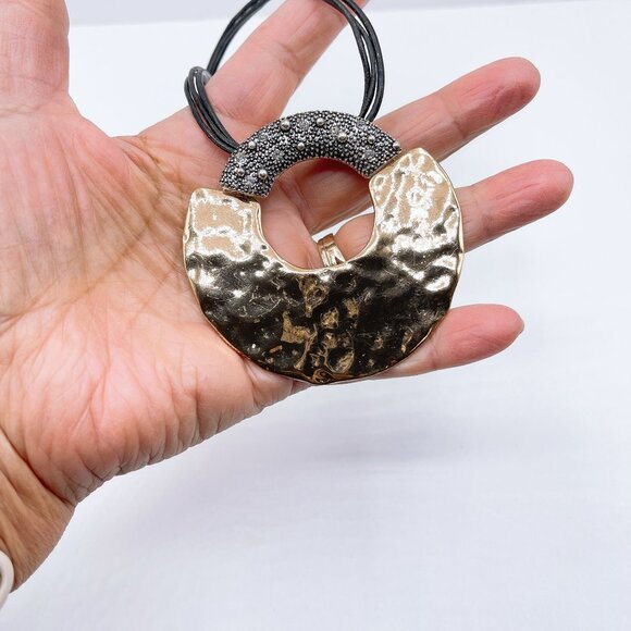 Chico's Hammered Gold Silver Tone Pendant Necklace Adjustable Black Cord - Picture 3 of 6